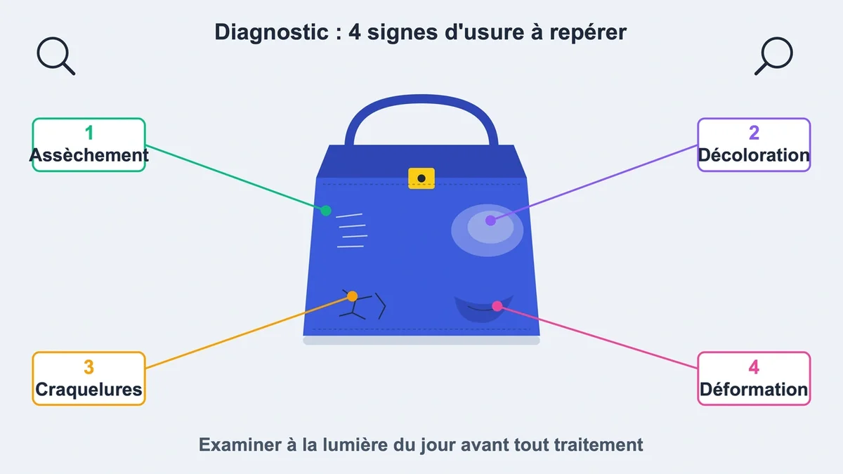 Schéma illustratif des signes d'usure sur un sac en cuir : assèchement, décoloration, craquelures, déformation