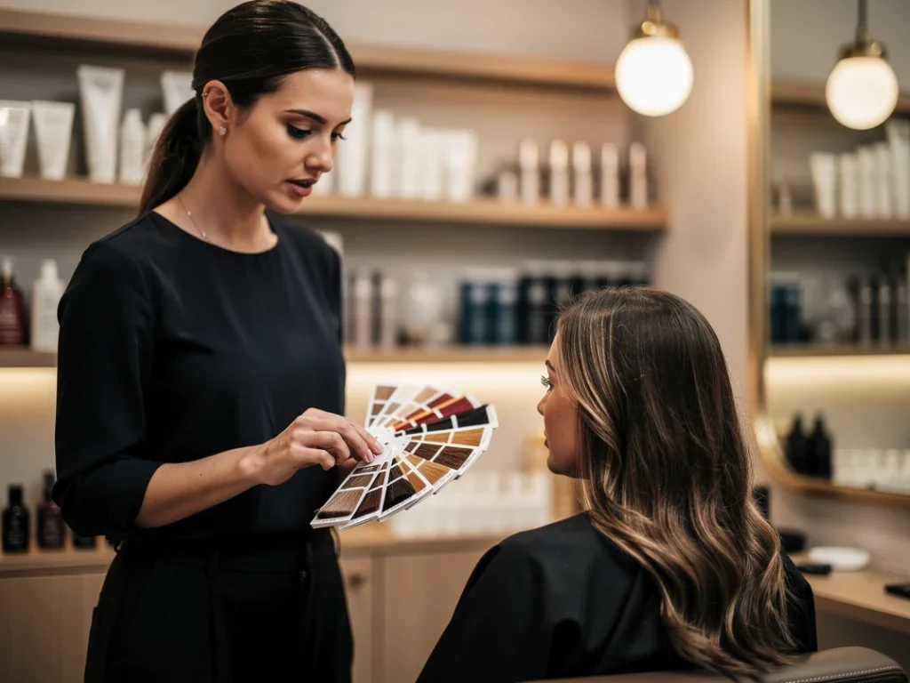 Styliste de cheveux conseillant un client sur des options de coloration dans un salon élégant et chaleureux