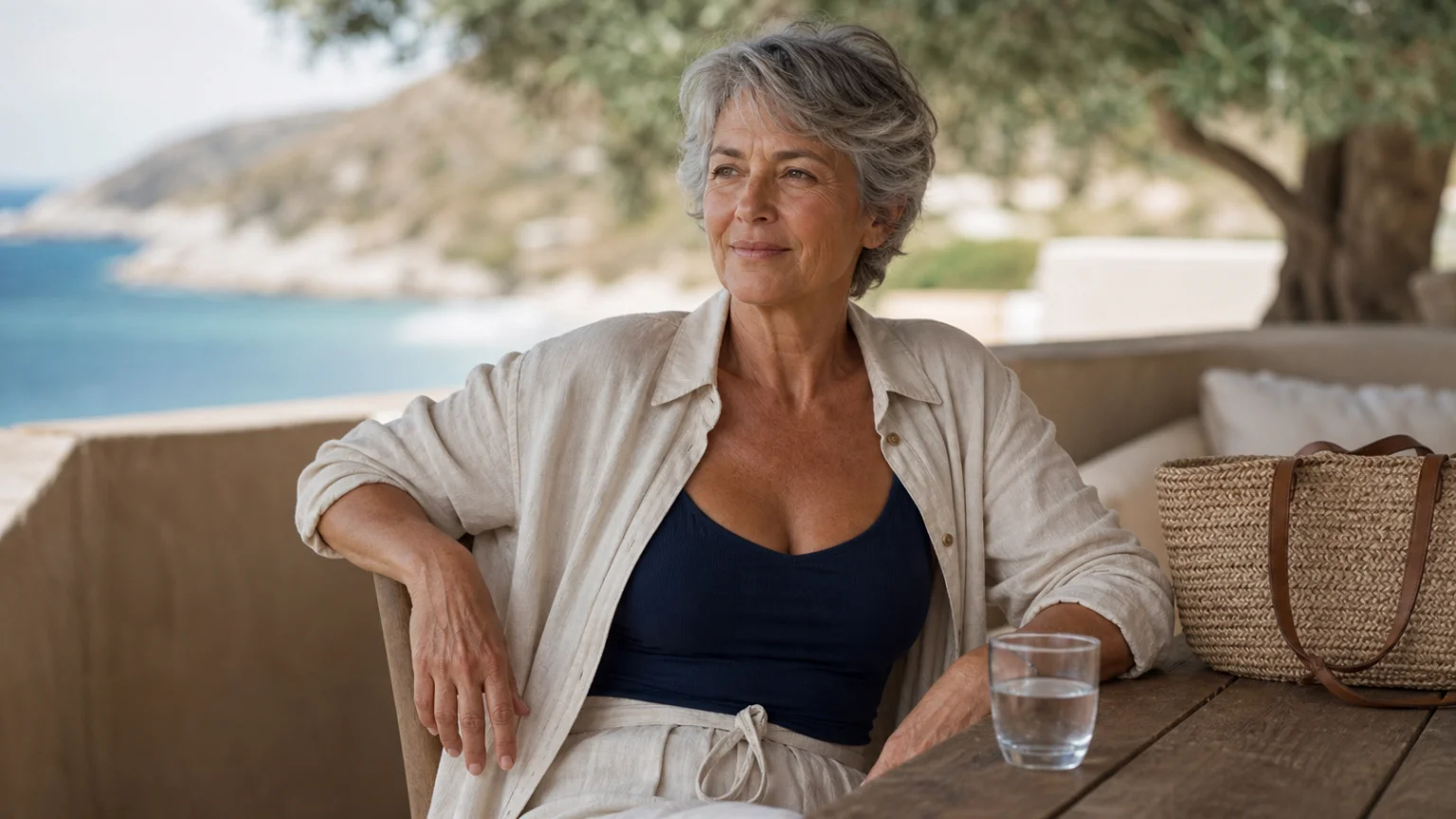 Robe chemise de plage en lin portée ouverte sur un caraco à une terrasse en bord de mer